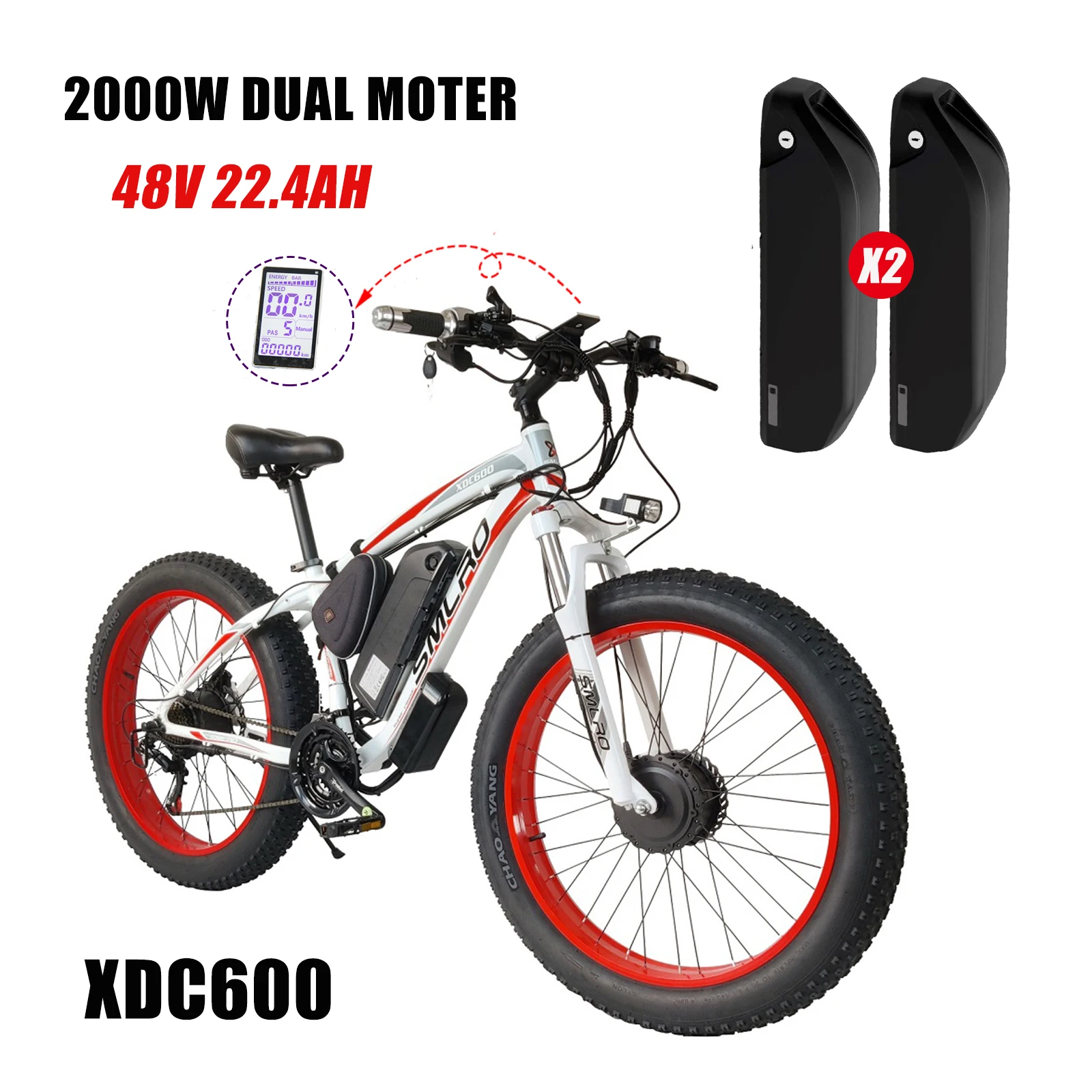 SMLRO Electric Mountain Bike City Road Bicycle 2000W Dual Motor E-bike 48V 22.4AH 26" Fat Tire E Bike 21 Speed MTB XDC600 Pro