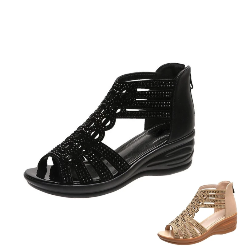 

Сандалии женские на танкетке, удобные босоножки на высоком каблуке, на молнии, с кристаллами, модная обувь на плоской подошве