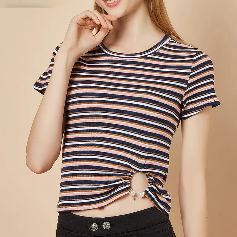 

2021 New Summer Color Color Stripes Short Navel Button Round Neck T-shirt Knit High Collar Bottoming Short Sleeve Slim Fit