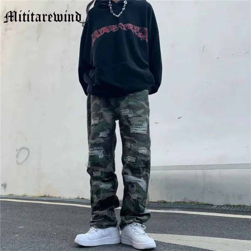 

High Street Camouflage Ripped Draped Wide Leg Cargo Men Pants Loose Baggy Straight Hip Hop Jeans Distressed Casual Trousers