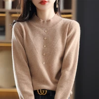 autumn and winter new 100 pure wool knitted womens pullover half turtleneck sweater fashion thin korean style tops all match