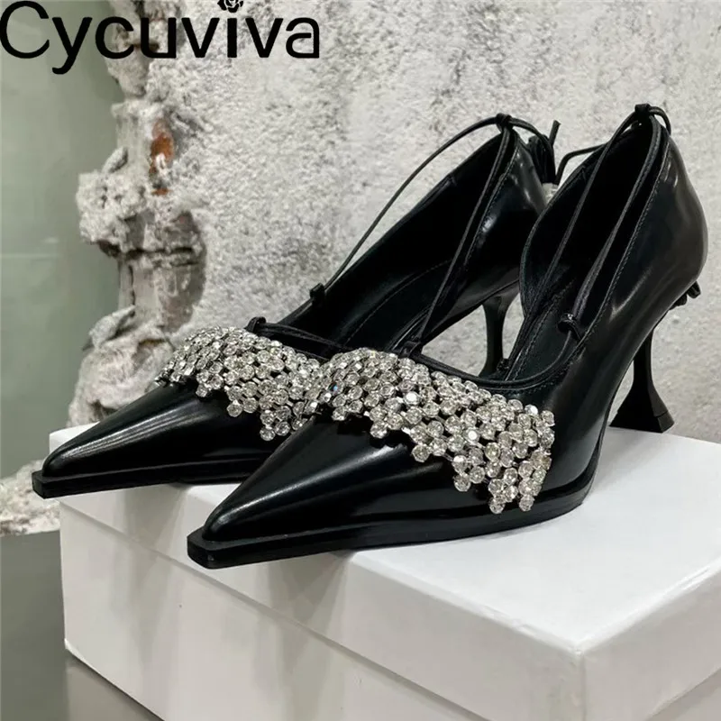 

Designer Pointy Toe Leather High Heel Shoes Women New Rhinestone Ankle Strap Lace UP Loafer Shoes Sexy Party Banquet Shoes Woman
