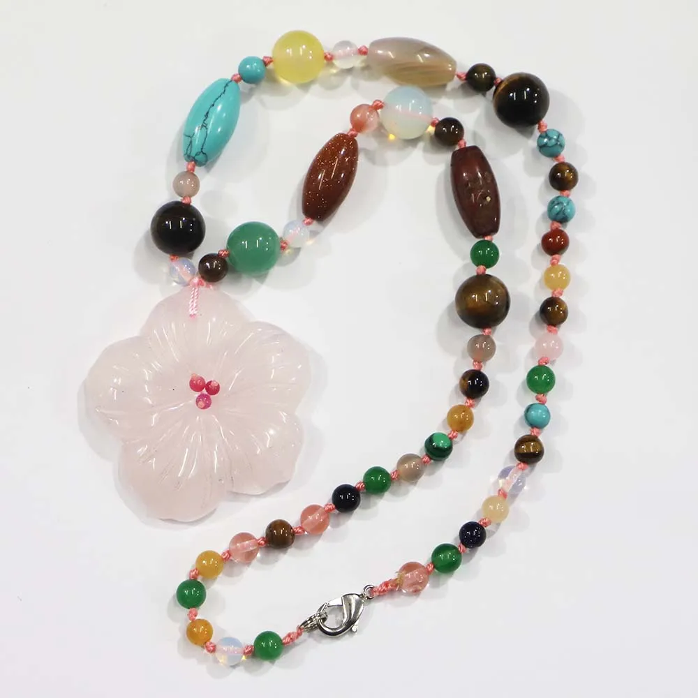 Natural  High Quality Magnolia Flower Knotted With Precious  Necklace Fashion Pendants Women Ethnic Beaded Sweater Chain Jewelr