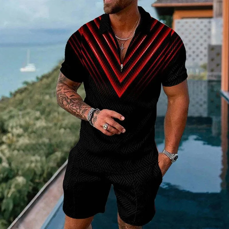 Summer Men's Tracksuit Short Sleeve Polo Shirt Set 3D Print Zipper Lapel T-shirt Shorts 2 Pieces Casual Suit Streetwear Outfit