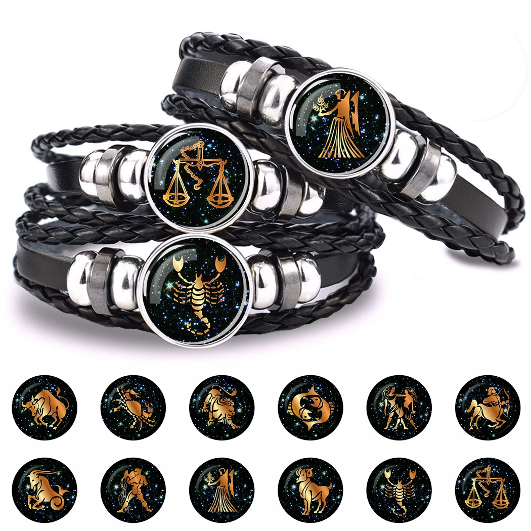 

12 Constellation Starry Sky Couple Pull-Out Bracelet Black Glass Dome Black Leather Adjustable Zodiac Bracelet Jewelry Gifts