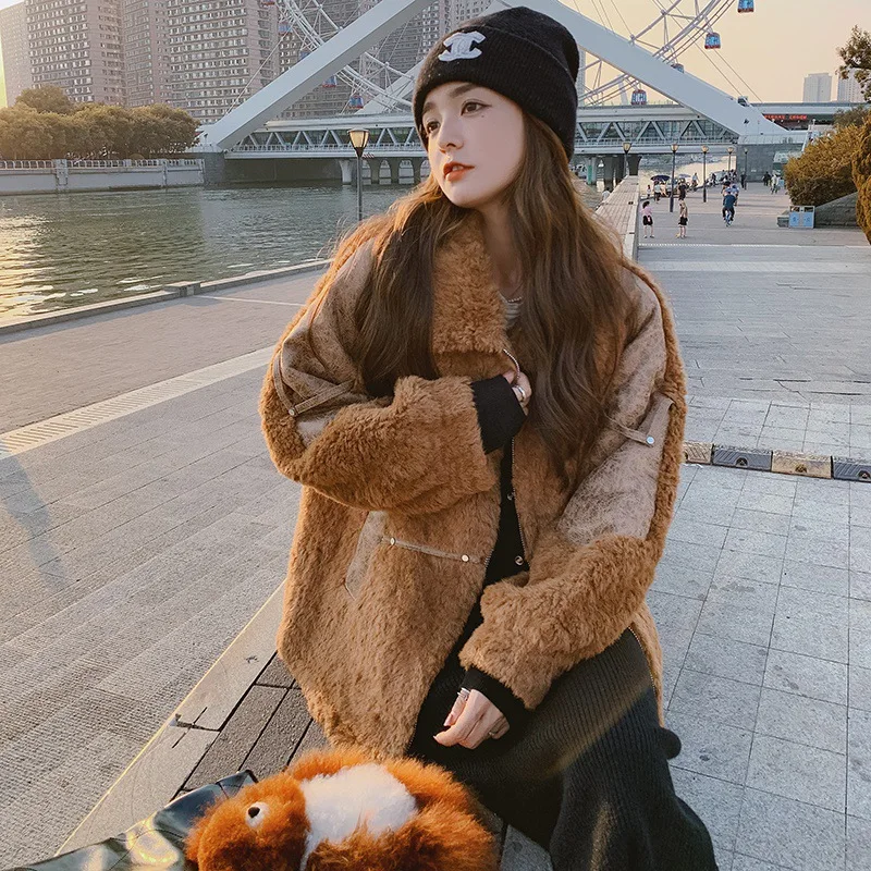 Lamb hair coat for female winter loose thickened retro grain wool coat