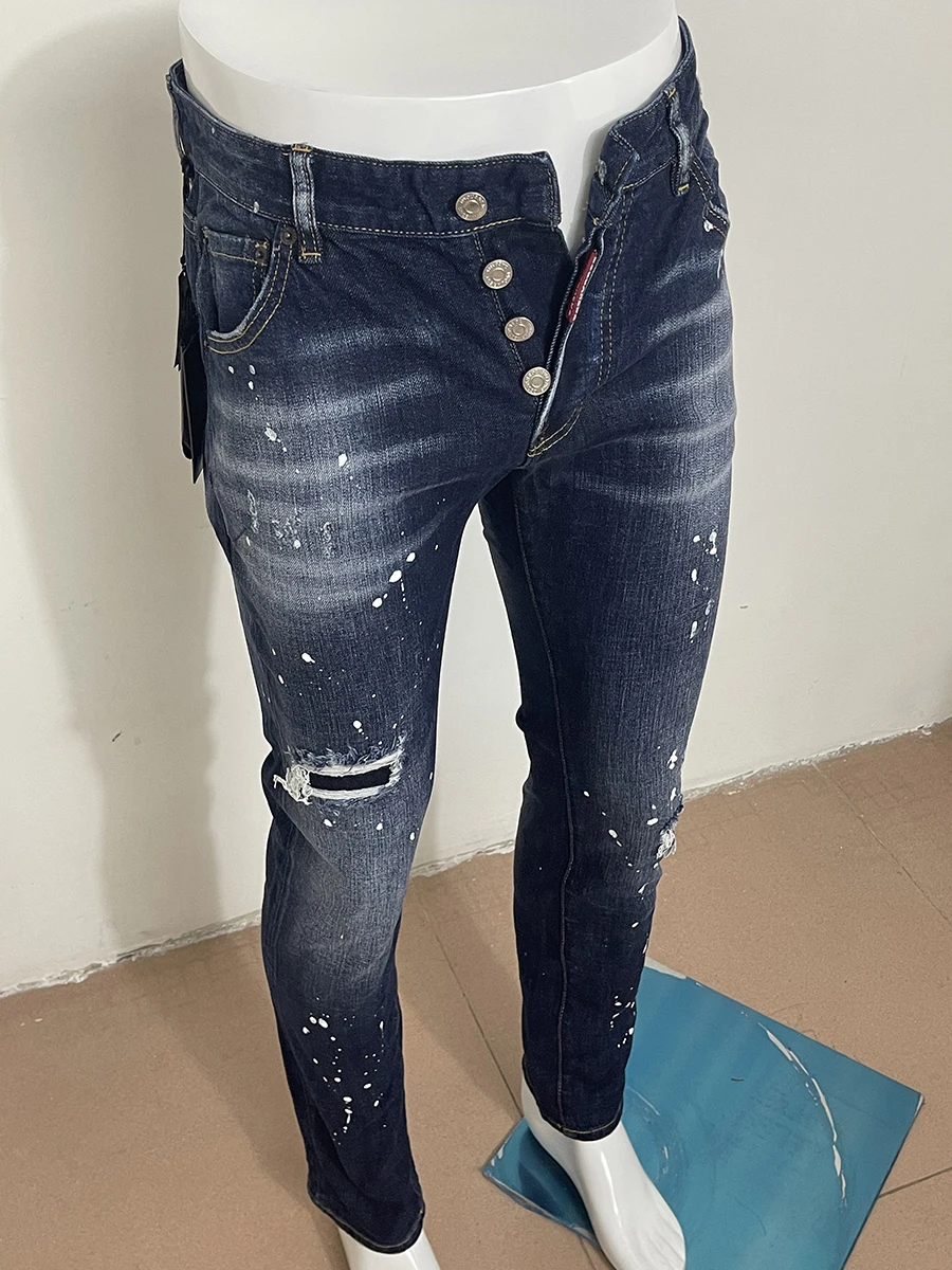 

2023 new jeans three-dimensional cut D2 Men's jeans dark blue slim-fit little bullet worn edge casual trend