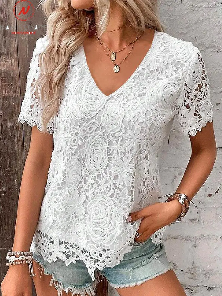 

Fashion Women Summer Solid Color T-Shirts Hollow Out Design Lace Decor O-Neck Short Sleeve Loose Pullovers Top