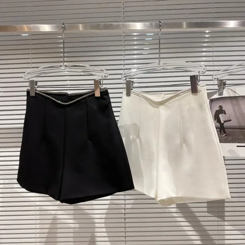 

2023 Spring Autumn New Rhinestone Shiny High Waist Suit Shorts Women Simple Temperament Black Blazer Short Pants Femme Hot Pants
