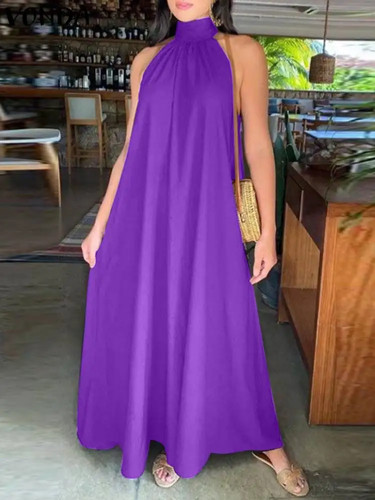 

VONDA Elegant Femme Casual Robe Sleeveless Sundress Summer Party Polyester Vestido Oversize Women Solid A-Line Halter Maxi Dress