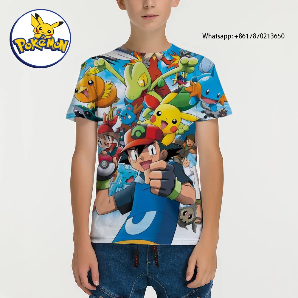 

Детская летняя футболка с изображением покемона Пикачу, топы с рисунком из мультфильма для девочек и мальчиков, детская одежда с коротким рукавом