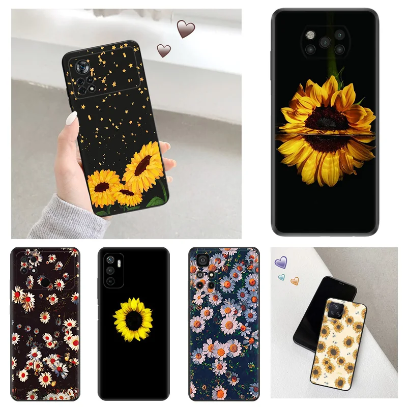 

Black Anti-Drop Phone Case For Xiaomi Mi Poco X4 X3 M4 M3 Pro NFC M5 M5S F4 F3 GT C40 A2 Lite F1 Retro Daisy Flower Leaves Cover