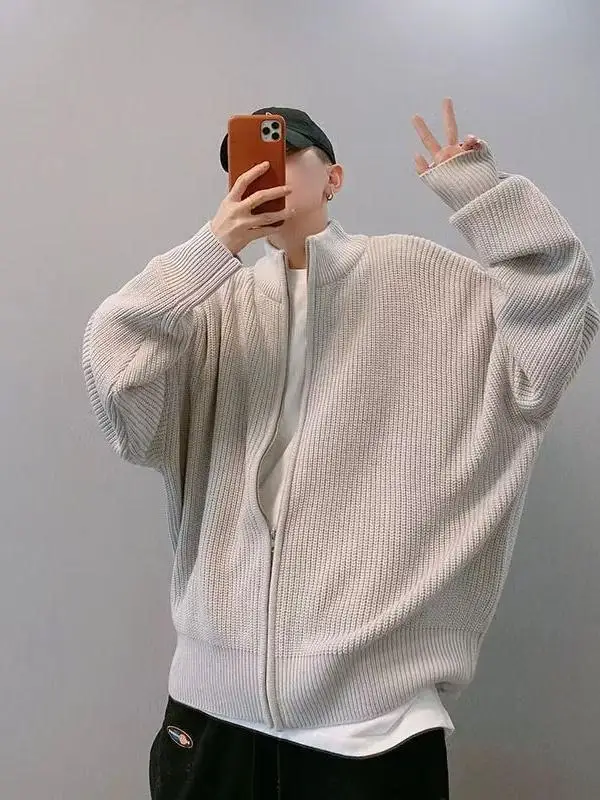 Gray Zip-up Cardigan sweater Outerwear Men's Autumn and Winter Trendy Loose Lazy Ruffle Handsome Stand Collar Sweater J...