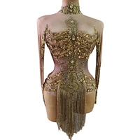 Sparkly Gold Crystals Fringes Leotard Women Rhinestones Performance Dance Costume Stage Wear Club Outfit Sexy Tassel Bodysuit