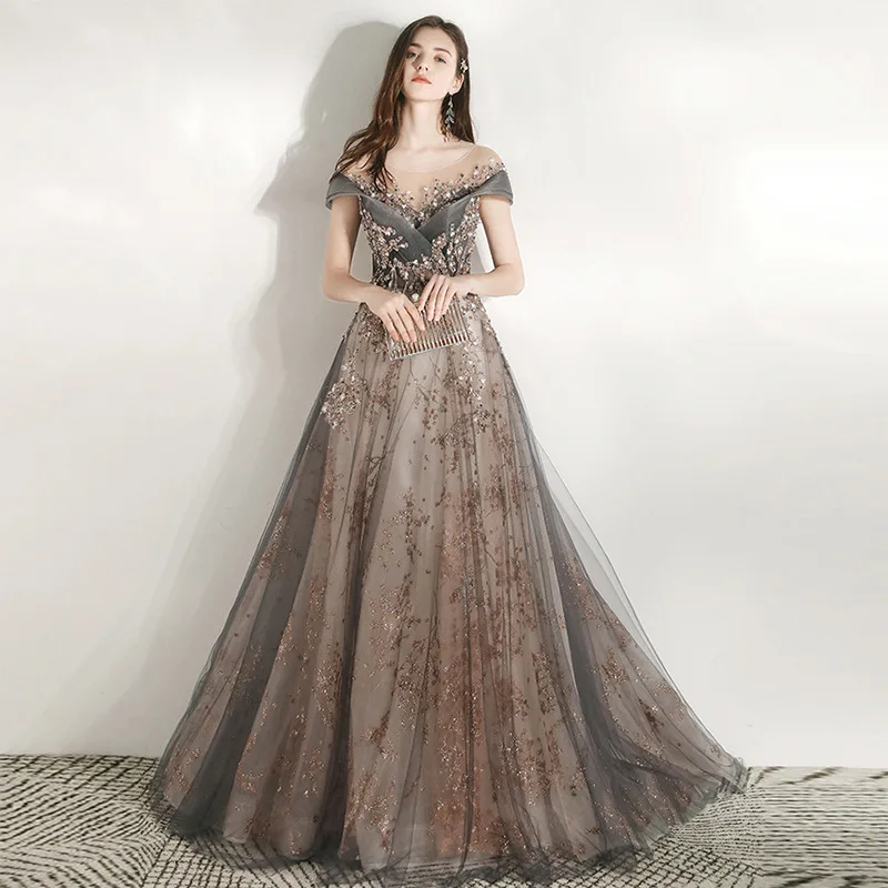 Luxury Prom Dress Off Shoulder A-Line Beading Exquisite Sequins Illusion Scoop Neck Gray Spray Gold Tulle Ceremony Evening Gowns
