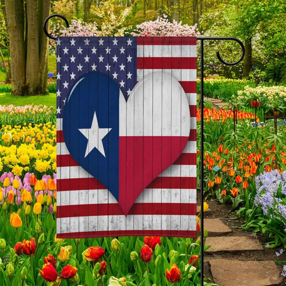 

America Flag Pattern Heart-Shaped Texas Garden Flag Home Polyester Fabric Welcome House Yard Banner Banner for Outside House Yar