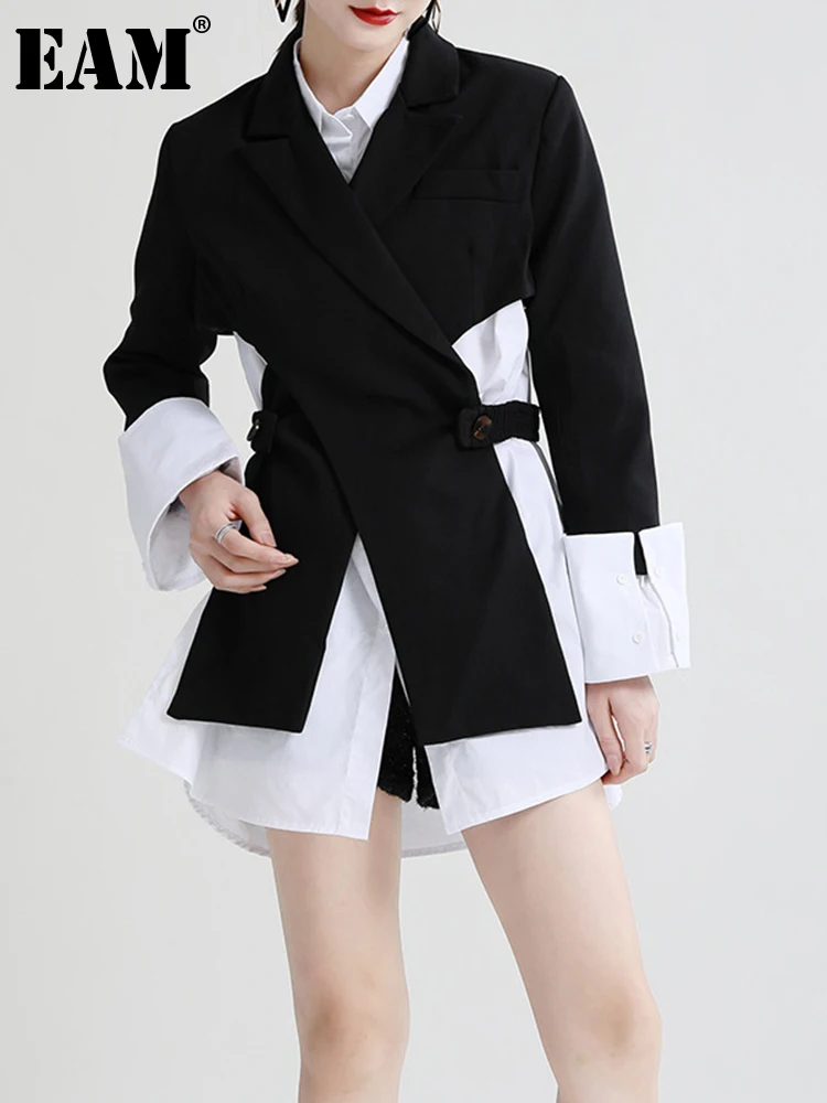 

[EAM] Women Black And White Irregular Blazer New Lapel Long Sleeve Loose Fit Jacket Fashion Tide Spring Autumn 2022 1DE1846