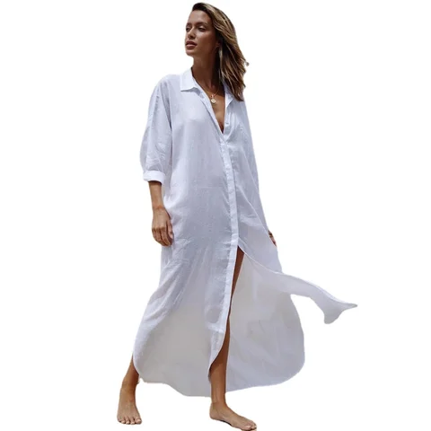 Повседневное белое бикини, накидки, рубашки, пуговицы спереди, открытое летнее пляжное платье, элегантная женская пляжная одежда, купальный костюм, накидка A1553