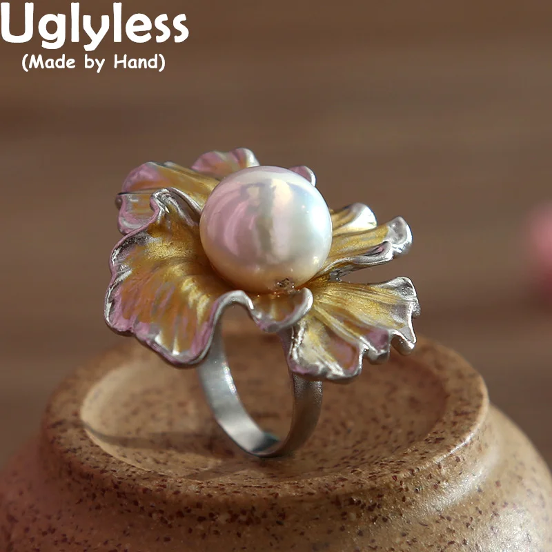 

Uglyless Blooming Huge Flowers Rings Women Exaggerated Performance Jewelry Natural Pearls Floral Ring Unusual 925 Silver Bijoux