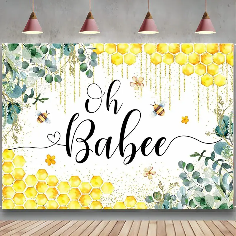 

Oh Babee Backdrop for Baby Shower Green Leaves Golden Spots Honeycomb Photography Background Honey Bee Party Supplies
