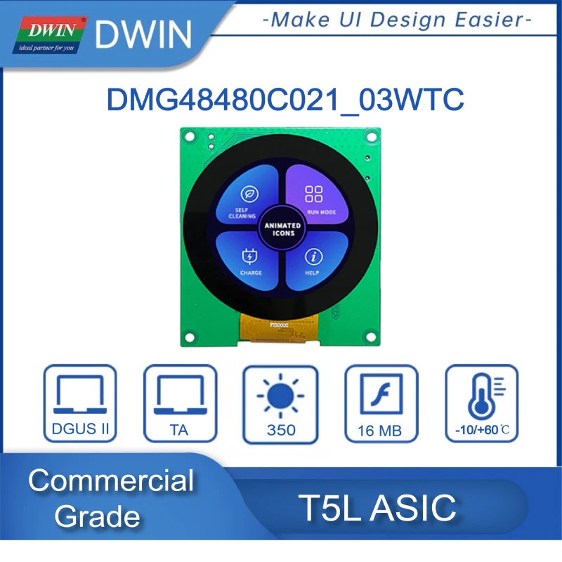 

DWIN 2.1 Inch Circular LCD, 480*480 Pixels Resolution, 16.7M Colors, IPS-TFT-LCD, Wide Viewingangle.