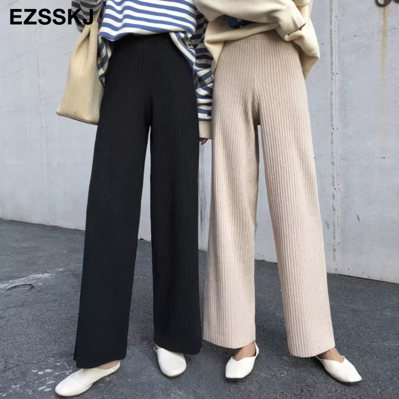 

2020 autumn winter new casual straight pants women female drawstring loose high waist knitted wide leg pants casual Trousers