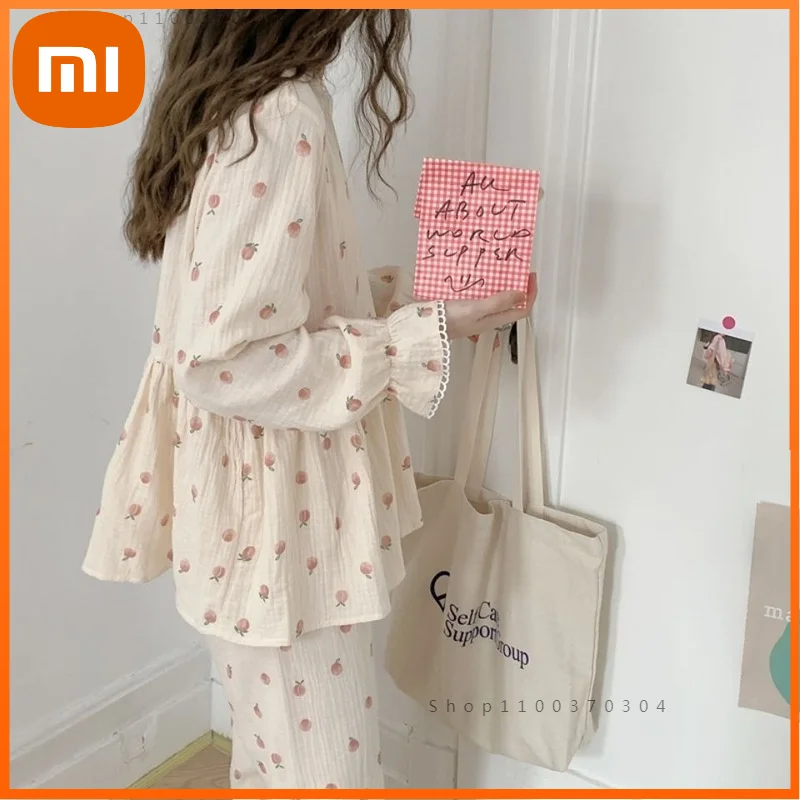 

Xiaomi Cotton Women's Pajamas Kawaii Sleepwear Peach Print Nightwear Korean Style Pijama Female Set Woman 2 Piece Pyjamas Suit