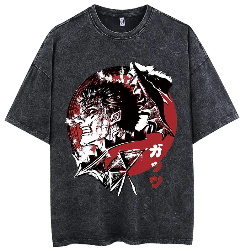 Anime Berserk Vintage Manga Acid Washed T Shirt 100% Cotton Tees Hip Hop Streetwear Short Sleeves Loose Harajuku Printed Tops