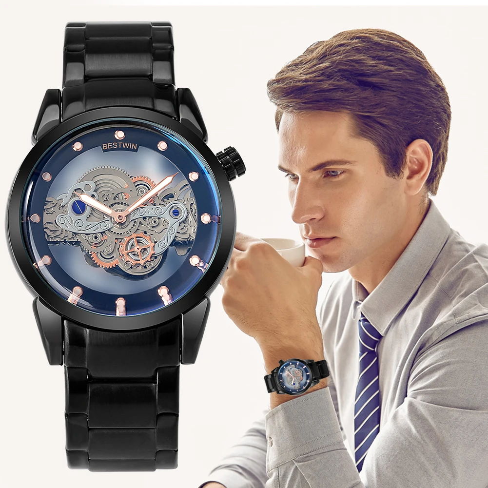 

Men Business Wriswatch Stainless Steel Strap Quartz Watch Luxury Waterproof Clock Stylish Hollow Skeleton Watches Montre Homme