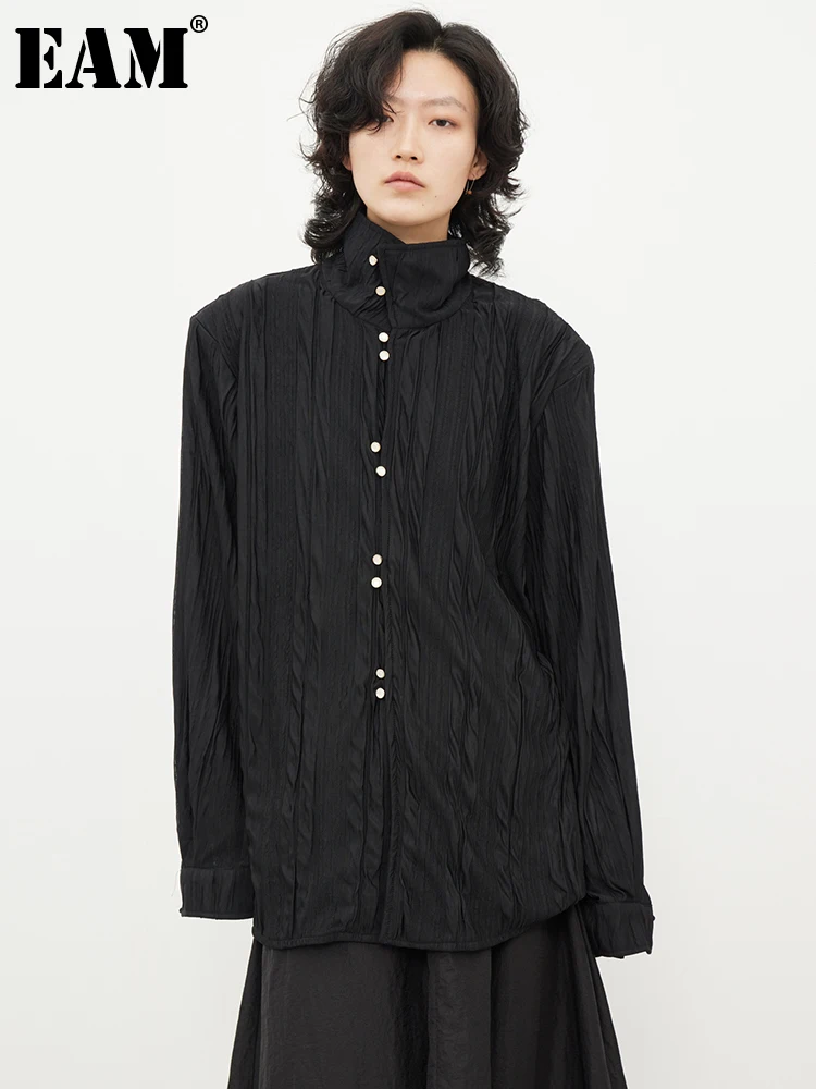 

[EAM] Women Black Pleated Big Size Elegant Blouse New Lapel Long Sleeve Loose Fit Shirt Fashion Tide Spring Autumn 2023 1DF8336