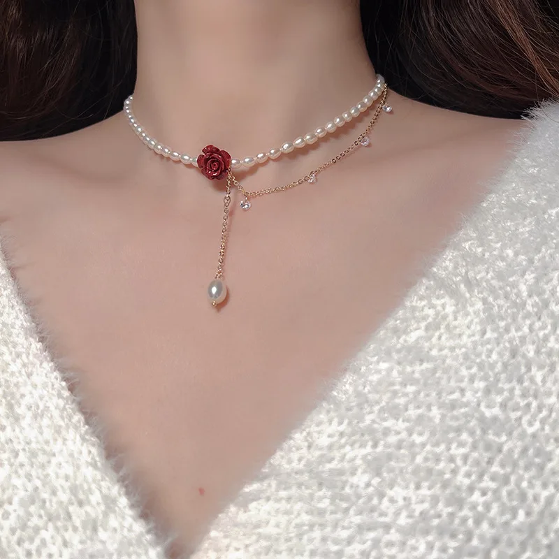 

Minar Cute Romantic Red Color Rose Pendant Necklace for Women Simulated Pearl Beads Chain CZ Stone Tassel Chokers Necklaces 2022