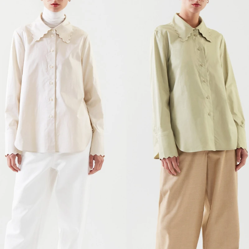 

Ladies Polo Collar Wavy Edge Cotton Shirts Single Breasted Ladies Casual Commuter Loose Long Sleeve Shirt Tops 2022