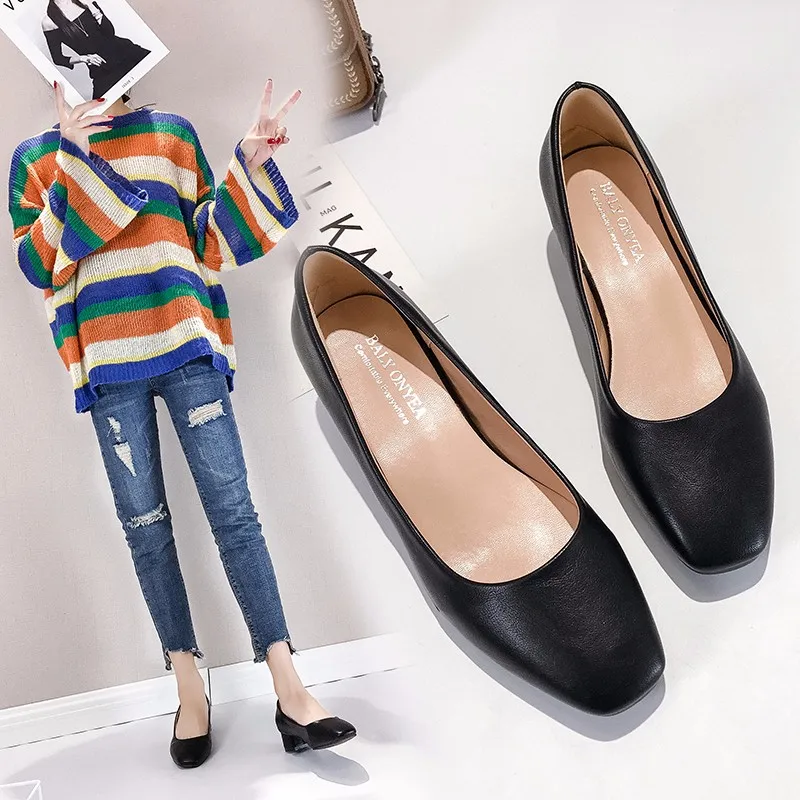 Women Loafers Simple PU Leather Slip-on Shoes Round Toe Mid Heel Ladies Party Student Shoes Pumps Moccasins chaussures femme