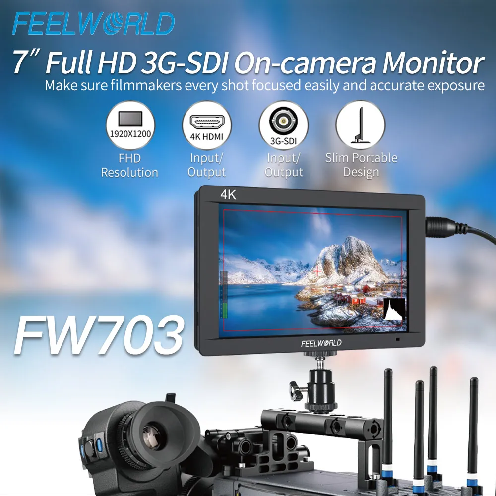 

FEELWORLD FW703 7 Inch 3G SDI 4K HDMI Full HD 1920x1200 LCD IPS Field Monitor for DSLR Digital Cameras BMCC Stabilizer