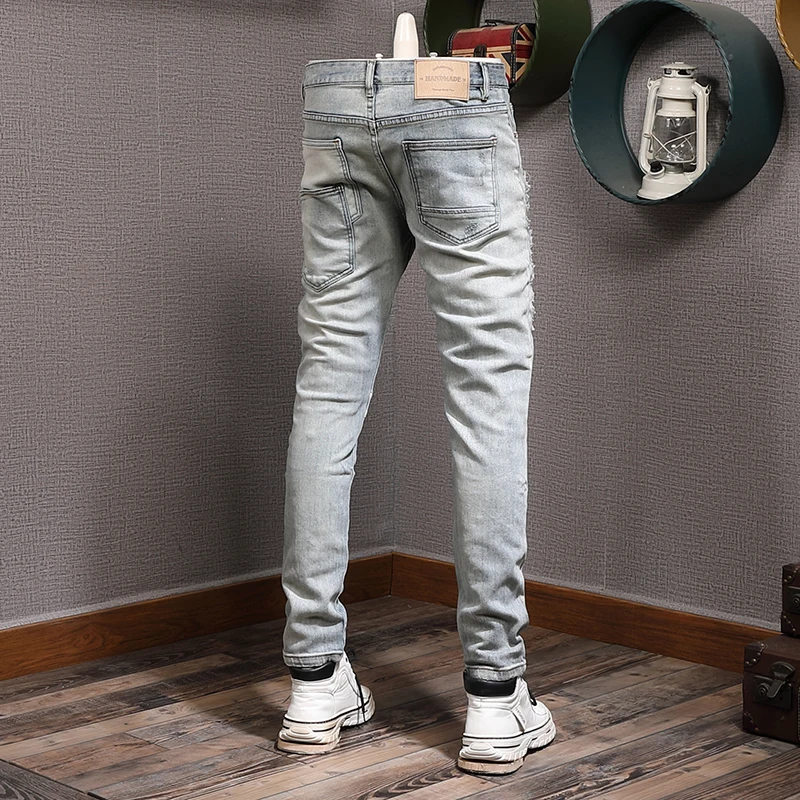 Fashion Streetwear Men Jeans Retro Light Gray Blue Stretch Slim Fit Vintage Ripped Jeans Men Patch Designer Hip Hop Pants Hombre