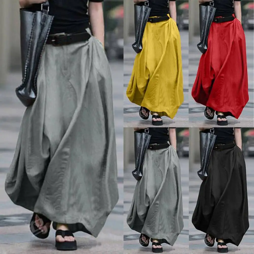 

Women Skirt for Party High Waist Large Hem Skirt Solid Color Cotton Blend Pocket Maxi Streetwear for Party