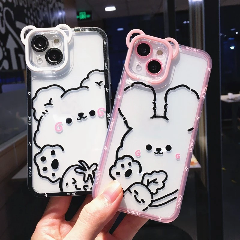 Camera Lens Stand Holder Phone Case For iPhone 11 12 13 Pro Max X XR XS Max Bear Rabbit Pattern Clear Soft TPU Back Cover