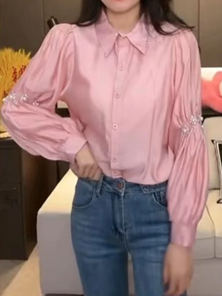 

Casual Lapel Single Breasted Shirt Lantern Sleeve Stud Top 2023 New Fashion Women'S Clothing