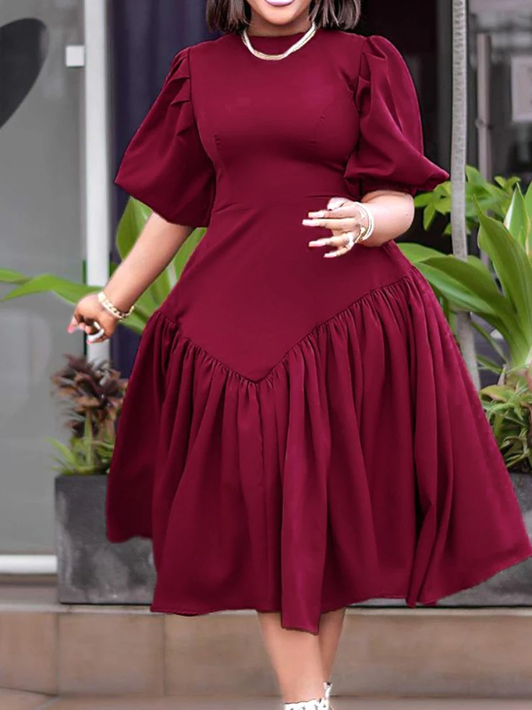 

Сдержанное женское плиссированное платье, свободное платье средней длины с круглым вырезом и пышными рукавами, официальное вечернее платье, одежда для праздника, мероприятия