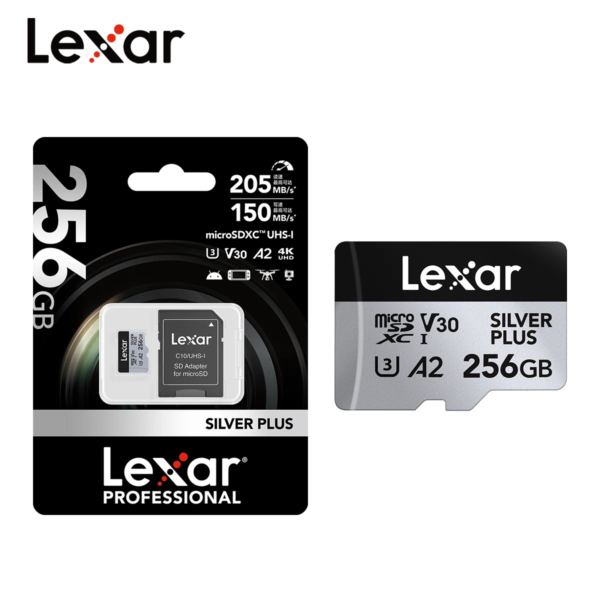 Фото Карта памяти Lexar SILVER PLUS, 64 ГБ, 128 ГБ, 256 ГБ, скорость чтения до 205 Мб/с, A2 V30 4K UHD TF 1366x, профессиональная карта Micro SD №1