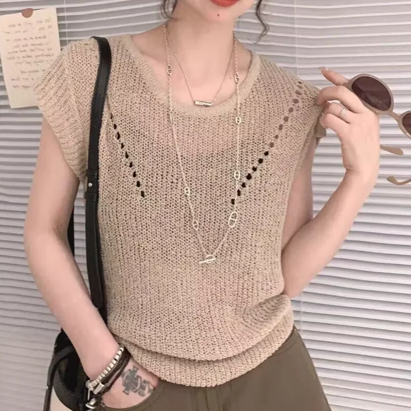 

Summer Sweet Y2k Top Women French Sleeveless Vest Fashion Clothing Solid Shirt Top Ice Silk Top Thin Knitwear Elegant 27367
