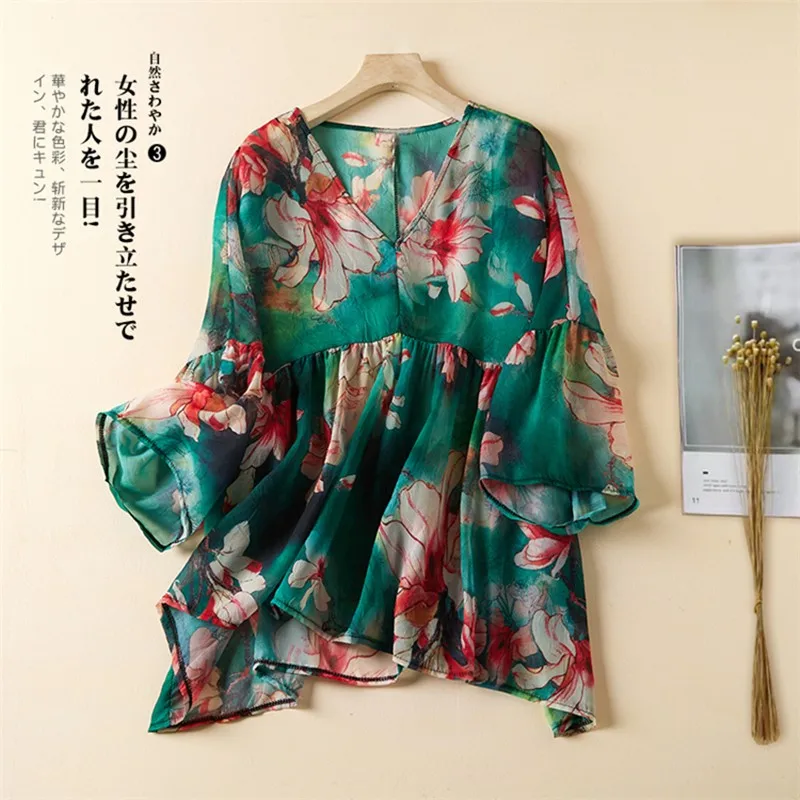 

2022 New Arrival Summer Arts Style Women Loose Vintage Print V-neck Blouse All-matched Short Sleeve Chiffon Casual Shirts V965