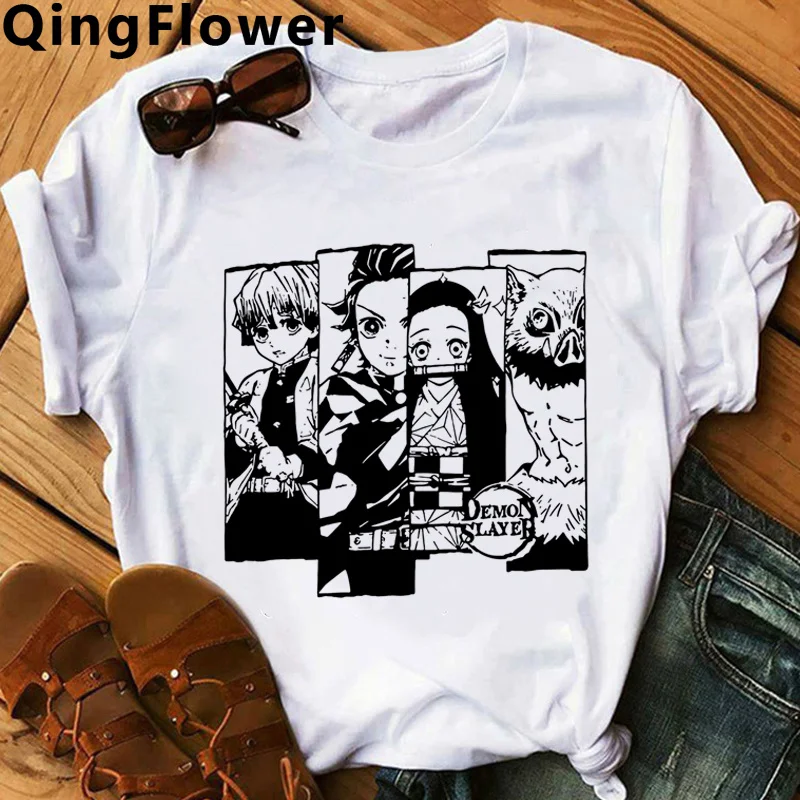 

Белая Винтажная футболка в стиле Харадзюку с изображением рассекающего демонов Zenitsu Inosuke Kimetsu No Yaiba Tanjirou Kamado для мужчин