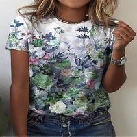 new 3dt shirt summer short sleeve top printed floral pattern loose and comfortable street fashion round neck ladies shirt