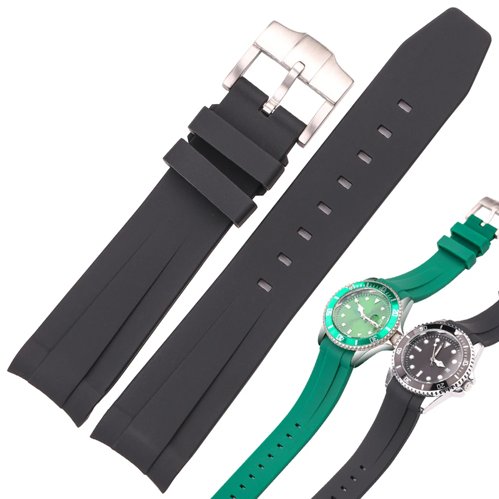 

20mm Curved End Rubber Watchband Blue Black Green Strap Men Waterproof Soft Silicone Watch Band Accessories For Rol