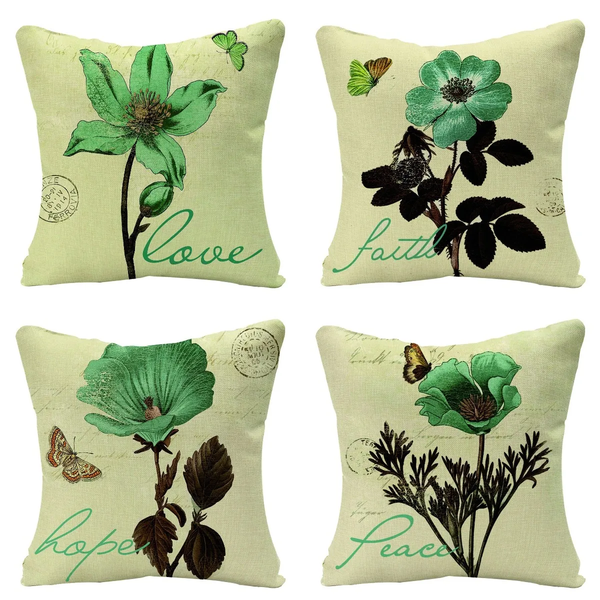 

Hot Retro Green Black Floral Linen Cushion Cover Vintage Flowers Print Decorative Pillowcase Sofa Couch Throw Pillows Home Decor