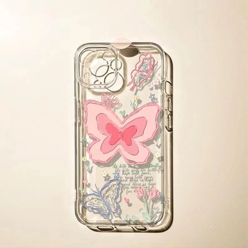 

Pink Butterfly Phone Case for Women Suitable for iPhone X XS XR 11 12 Mini 13 Mini 14 Pro MAX Full Cover Transparent Soft Case