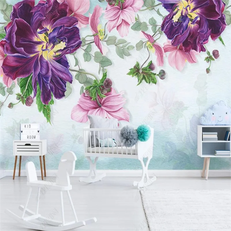 

Nordic Minimalist Purple Pink Plant Leaves Flower Wall Paper Home Decor Custom Mural Floral Wallpaper Bedroom Decor Papel Tapiz