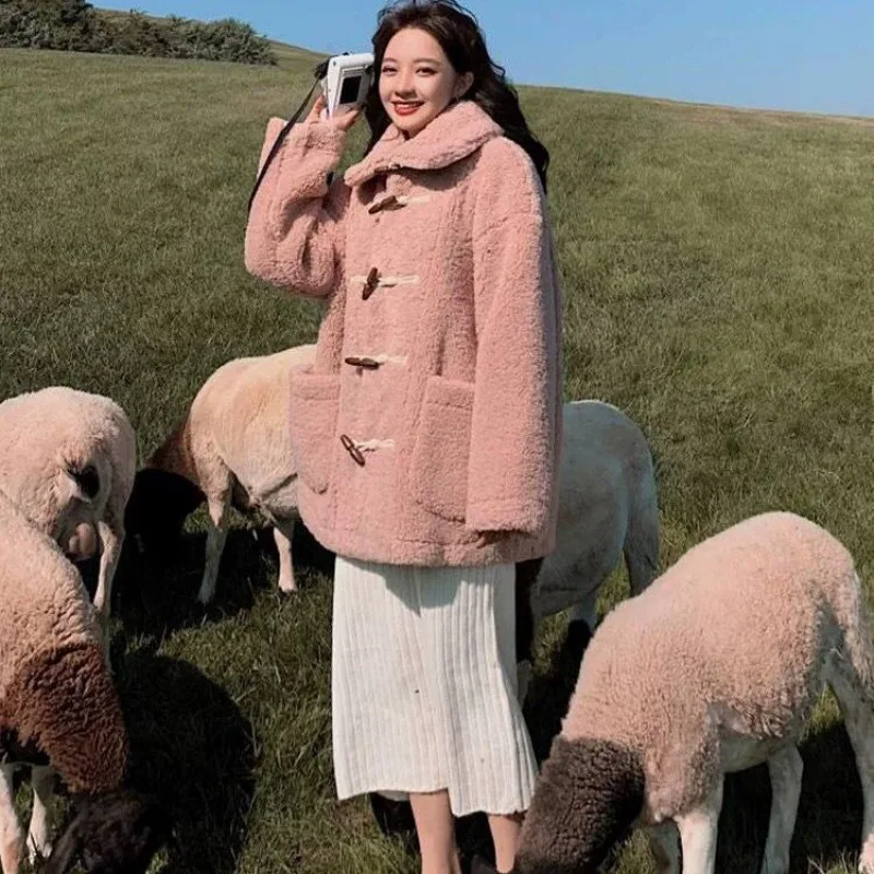 2022 autumn/winter Korean fashion of loose sweet granular cashmere faux lamb plush fur coat women's fur one coat Horn Button