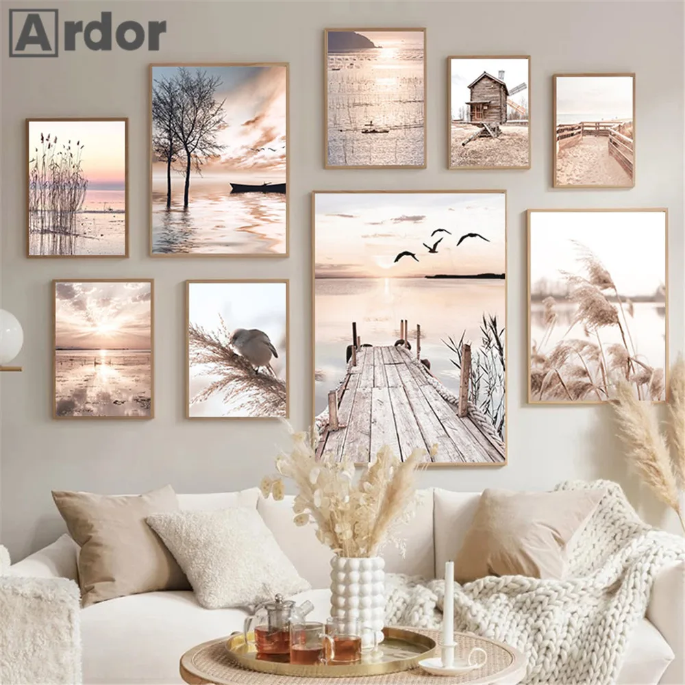 

Seagull Lake Canvas Painting Sunset Wall Poster Reed Bridge Wall Art Print Beige Scenery Posters Nordic Wall Pictures Home Decor